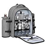 Flexzion Travel Picnic Backpack for 4 with Blanket (Gray) Wine Picnic Basket Bag 4 Person Plates, Flatware Cutlery, Glass Set, Insulated Compartment, Detachable Bottle Wine Holder