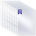 Punched Pockets, 100 Pack A4 Clear Plastic Wallets 90 Micron Extra Strong Sleeves, Top Opening Poly Pocket Sheet Protectors for Ring Binder File Folders