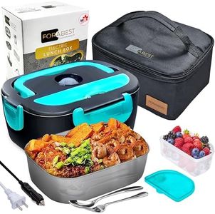 FORABEST Electric Lunch Box - Fast 60W Food Heater 3-In-1 Portable Food Warmer Lunch Box for Car & Home – Leak proof, 2 Compartments, Removable 304 Stainless Steel Container, fork, spoon and Carry Bag