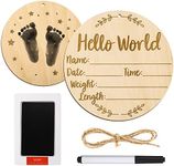 Baby Announcement Sign, 5.9 Inch Round Baby Nursery Name Signs with Ink Pad for Baby Hand and Footprints Wooden Hello World Newborn Sign for Photo Prop