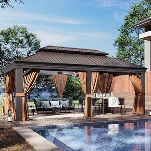 Aoxun 12' X 20' Hardtop Gazebo with Drainage System, Aluminum Outdoor Gazebo with Galvanized Steel Double Roof, Patio Permanent Metal Pavilion with Curtain and Netting, for Yard, Deck, Brown