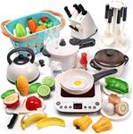 CUTE STONE 40PCS Kitchen Play Toy with Cookware Playset Spray Pressure Pot and Electronic Induction Cooktop,Cooking Utensils,Toy Cutlery,Cut Play Food,Shopping Basket Learning Gift for Girls Boys Kids