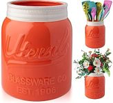 Comfify Wide Mouth Mason Jar Utensil Holder Decorative Kitchenware Organizer Crock, Chip Resistant Ceramic, Dishwasher Safe - Kitchen Caddy, Large Size 7" High - Coral