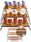 Homesphere 3 Tiered Tray Stand - Acacia Wood 3 Tier Serving Tray, Cupcake, Cake, Charcuterie Boards & Food Stand, Dessert Table Display Set, Wooden Party Serving Platters with Foldable Metal Supports