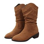 Cowboy Boots Women Low Heel Wide Fit Ladies Suede Below Mid Calf Western Booties Girls Dancing Biker Boot UK Size (007 Brown, Adult, Women, 8, Numeric, UK Footwear Size System, Medium)