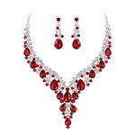 BriLove Women's Wedding Bridal Austrian Crystal Teardrop Flower Leaf Vine Cluster Statement Necklace Dangle Earrings Jewelry Set Ruby Color Silver-Tone