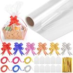 Thrilez Clear Cellophane Wrap Roll 30m*40cm Clear Cellophane Wrap for Hampers Cellophane Wrap Roll with 30 Pull Bows,100 Bag Twist Ties, 20 Blank Tags Cellophane Gift Wrap Roll for Flower, Hampe, Food