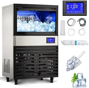 Commercial Ice Maker Machine 110lbs/24h with 27lbs Storage Bin, Stainless Steel Ice Machine with Ice Scoop, Electric Water Drain Pump & Water Filter, Freestanding Ice Machine for Home/Restaurants/Bars