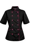 Chef Apparel Short Sleeves Women's Ladies Chef's Coat Jackets L (for Bust 38-39), Black(Pink Trim)