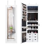 Multigot 5 LED Lights Jewellery Cabinet, Hanging or Wall Mounted Ornament Armoire, Full Length Mirror Lockable Makeup Storage Organizer (White)