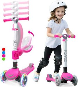 Stompa Toddler Scooter for Kids Ages 3-5 Girls Boys, 3 Wheel Light Up Scooters for Kids 2-5 with Removable Flipped-Out Seat & Adjustable Height, Foldable Pink Scooter for 3-8 Year Old, Lean to Steer