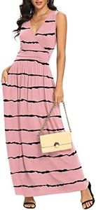LILBETTER Women Sleeveless Deep V Neck Loose Plain Long Maxi Casual Dress(F Stripe Pink,Medium)
