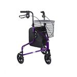 DAYS Lightweight Aluminum Folding 3 Wheel Tri Walker with Lockable Brakes, Adjustable Height, Limited Mobility Aid, Purple with Bag, Basket and Tray