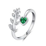 Green Emerald Ring 925 Silver - Women Girls May Birthstone Rings Wrap Around Adjustable Leaf Rings Sterling Silver Olive Branch Bypass Leafs Band Jewelry for Mom Daughter