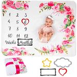 Baby Milestone Blanket | Monthly Photo Mat for Newborn Boy or Girl, Unisex | Flowers & Leaves | Personalised Baby Shower Present for New Mums | Age Mat | Soft & Comfortable | Includes Coloured Frames