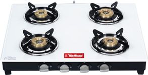 Hindflame 4 Burner Marvel White Toughened Glass LPG Cooktop, Manual Ignition Gas Stove with 1 Year Warranty (ISI Approved)