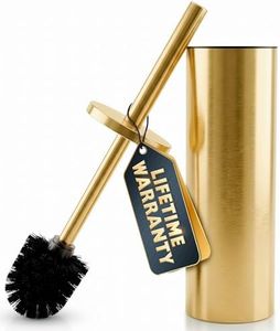 Gold Toilet Brush and Holder Set - Brushed Stainless Steel Gold Toilet Bowl Brush and Holder with Replaceable Head, Removable Inner Bowl, and Splash Protection - Dense Bristles for Thorough Cleaning