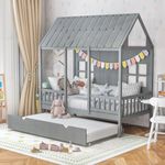 Giantex Twin House Bed with Trundle, Kids Bed Frame with 82" Tall Roof, Windows and Guardrail, Wooden Playhouse Bed for Teens Boys Girls Bedroom, No Box Spring Needed, Free to Decorate, Grey