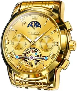 OLEVS Luxury Automatic Watch No Battery Men Mechanical Waterproof Stainless Steel Wrist Watch Tourbillon Skeleton Self Winding Wristwatch Adjustable Bracelet (Gift Tool), Gold, ROUND