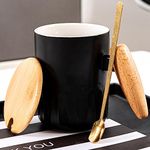 BonZeal Anniversary Gift Ceramic Plain Black Coffee Mug with Lid Spoon Tea Cup Set Birthday Gift for Friends, Wedding Gifts, Mugs for Coffee 400 ml