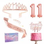 Rose Gold 11th Birthday Decorations for Girl 11th Birthday Sash and Tiara Set, 11th Birthday Party Sash Crown Birthday Cake Topper Number 11 Foil Balloons Candles, 11th Birthday Gifts for Her Girl