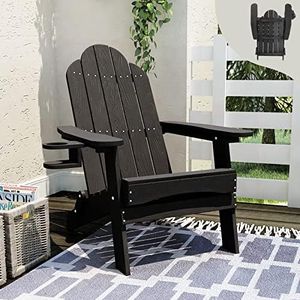 LUE BONA Adirondack Stuhl, Schwarz HDPS Gartensessel Klappbar, Wetterfest Gartenstuhl mit Getränkehalter, für Garten, Terrasse, Balkon