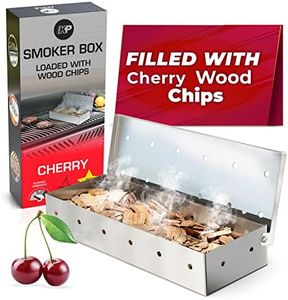 KITCHEN PERFECTION Smoker Box For Gas Grill - Bbq Wood Chip Smoker Box Pre-Filled with Cherry Wood Chips -Adds Delicious Smokey Flavor on Propane Grill & Pellet Grill, Grill Masters Smoker Fire Box