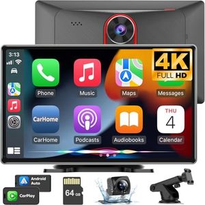 Wireless Apple Car Play with 4K Dash Cam, 9'' Portable Apple Carplay & Android Auto Car Stereo, Carplay Screen with 1080p Backup Camera, GPS Navigation/Mirror Link/Voice Control/Bluetooth/Touchscreen