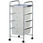 VonHaus Storage Trolley, 4 Drawer White Wheeled Makeup Trolley, Durable Storage with Plastic Drawers, Chrome Frame, Storage Panel & 360° Wheels, Versatile Organiser for Bedroom, Bathroom, Home Office