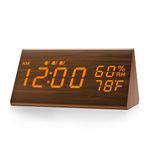 JALL Digital Alarm Clock, with Wooden Electronic LED Time Display, 3 Alarm Settings, Humidity & Temperature Detect, Wood Made Electric Clocks for Bedroom, Bedside (Brown)