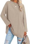 ELFIN Women's Long Sleeve Oversize Top Round Neck Plain Loose T-Shirt Printed Casual Jumper Tunic Tops Khaki