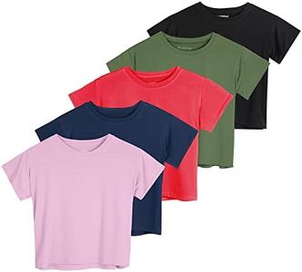 Real Essentials 5 Pack: Womens Plus Size Just My Crop Top High Waist Dry Fit Active Wear Yoga Workout Athletic Running Gym Ladies Short Sleeve Crew Scoop Neck Wicking Tees T-Shirt Summer - Set 9, 1X