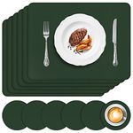 APLKER Placemats and Coasters Set of 6, Heat Insulation PU Leather Table Mats Waterproof Washable Dining Place Mats for Kitchen Indoor Outdoor Party - Dark Green