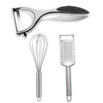 Panchhi Store Stainless Steel Peeler for Fruits and Vegetables with Sharp Blades with Stainless Steel Wisk for Cooking Blending Whisking Beating and Steel Grater Slicer for Cheese