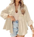 JINZHAO Womens Corduroy Peplum Shirts Tops Cute Long Sleeve Button Down Blouses with Pockets, Beige, Medium