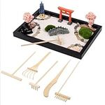 BELLE VOUS Mini Japanese Zen Garden Kit - 20 x 28cm/7.5 x 11 Inches - Premium Rock Garden Gift Set with Zen Sand, 6 Tools & 9 Features - Home, Office or Desk Decor - Meditation Accessories