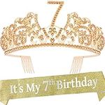 VeryMerryMakering 7th Birthday Sash and Tiara for Girls - Fabulous Glitter Sash + Flowers Rhinestone Gold Premium Metal Tiara for Girls, 7th Birthday Gifts for Princess Party