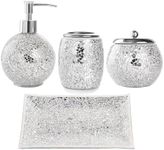 Premium Bathroom Accessory Set | 4-Piece Decorative Glass Bathroom Accessories Set | Soap Dispenser, Tray, Jar, Toothbrush Holder | Gift Idea | Elegant Silver Mosaic Glass (Silver)