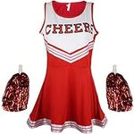 Cheerleader Fancy Dress Outfit Uniform High School Musical Costume with Pom Poms Red Cheerleader, Small