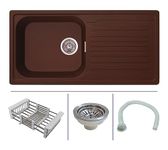 Zinzer Single Bowl Drainboard, Quartz Kitchen Sink, Brown Color 36 x 18 x 8, German Engineered, Smooth Metallic Finish | Box includes Kitchen Sink, Sink Coupling, Hose Pipe, Drainer Basket