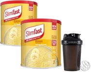 Slimfast Shake Powder, Weight Loss Shakes Meal Replacement Bundle with Banana Flavour, High Protein, No Added Sugar 2 x 365g and 400 ml Wishesla Black Plastic Shaker Bottle With Stainless Steel Ball