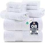 Utopia Towels 8 Piece Premium Towel Set, 2 Bath, 2 Hand, and 4 Washcloths,100% Ring Spun Cotton, Super Soft and Highly Absorbent, White