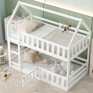 SOFTSEA Twin Over Twin Bunk Bed, House Bunk Bed for Kids, Floor Low Bunk Bed with Fence and Door, Wood Bunk Bed Frame with Guardrails and Ladder, No Box Spring Needed, White
