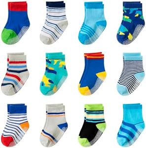 AMENLAN Toddler Non Slip Grips Socks Kids Anti Skid Baby Boys Girls Cotton Crew Socks 12 Pairs (Colored Stripes, 1-3 Years)