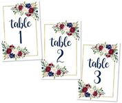 Hadley Designs 1-25 Burgundy Floral Table Number Double Sided Signs For Wedding, Restaurant Birthday Party Set Calligraphy Printed Numbered Card Centerpiece Decoration Reusable Frame Stand 4x6 Size