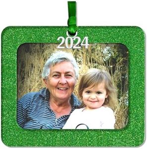 Photo Ornaments for Christmas Tree, Sparkly Glitter Christmas Frame Ornament, Easy-Load Magnetic Design, Includes Satin Ribbon with 2024 Silver Charm Plus Photo Protector, Horizontal, Green