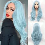 AFBeauty Blue Lace Front Wigs for Women Long Wavy Curly Light Blue Realistic Synthetic Lace Front Wig Natural Hairline Glueless Heat Resistant Fiber Hair Replacement Wig Cosplay Party 24 Inches