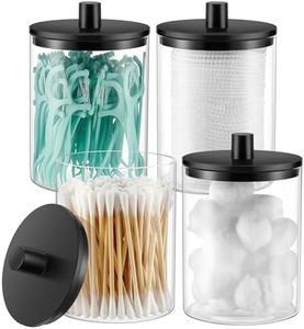 TIPGO Glass Qtip Holder Dispenser for Bathroom - 10 oz Clear Canister Apothecary Jar for Cotton Swabs, Balls, Pads, Floss Picks, Small Containers for Makeup Storage Organizer (4 Pack, Black)