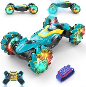 DEERC Gesture Sensing RC Stunt Car with Fog Mist & Music, 4WD Hand Controlled Remote Control Drift Car Toy for Boy, All Terrain Off-Road Double-Sided Driving with Lights
