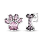 Hapour Paw Print Stud Earrings for, 925 Sterling Silver Hypoallergenic Earrings with CZ Stones, Paw Print & Bone Asymmetric Stud for Sensitive Ears